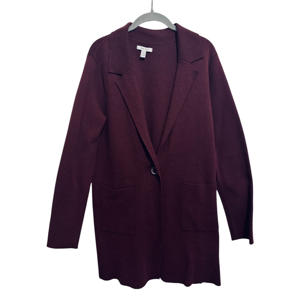 Nine West Knit Blazer Women's One Button M Burgundy Pockets Professional Office